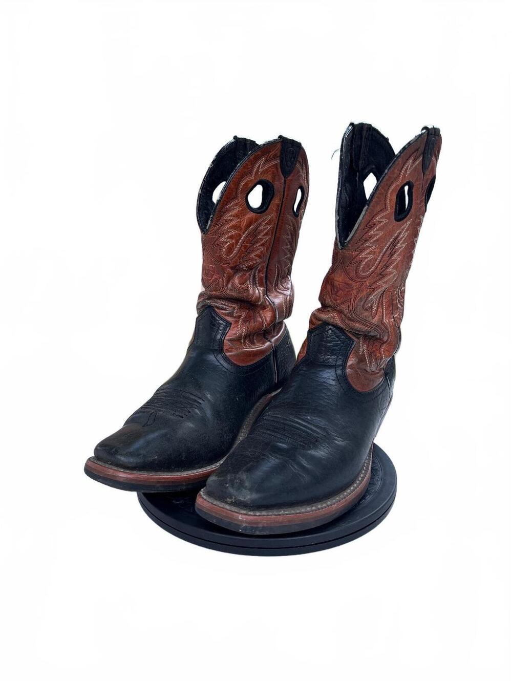 Ariat Black Brown Leather Cowboy Boots Embroidered Shaft Pull Holes Size 8.5